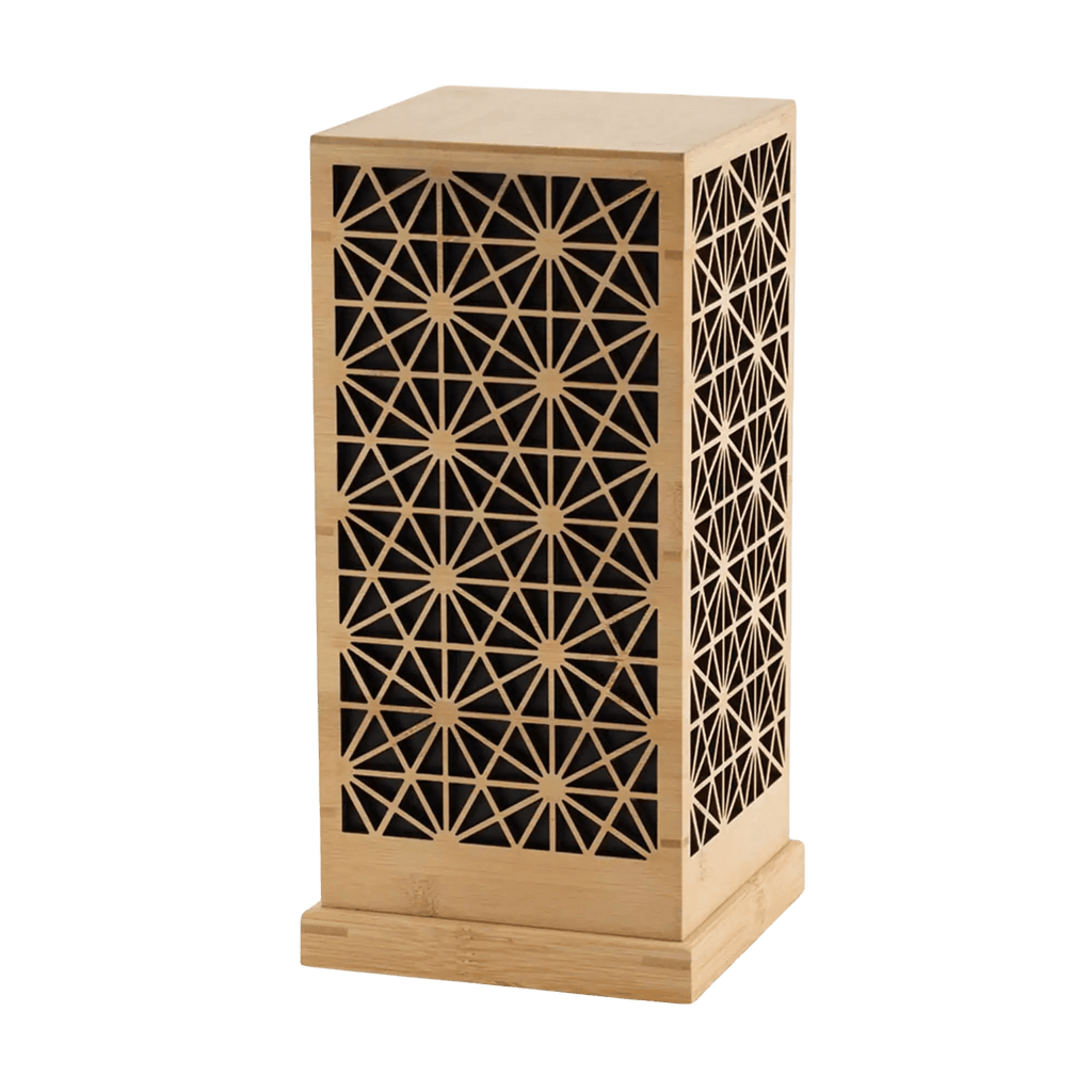 Wooden vase with geometric lattice design on a transparent background